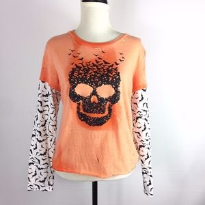 Distressed Bleached Halloween Glitter Skull Tee XL
